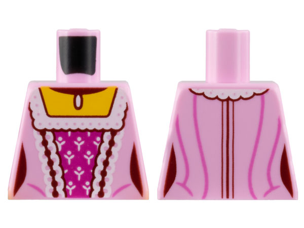Lego Torso Female Dress, Yellow Neck, White and Dark Red Laces, Dark Pink Stripes, Magenta Center Panel Pattern / Bright Pink
