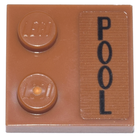 Lego Tile, Modified 2 x 2 with Studs on Edge with Black 'POOL' Pattern (Sticker) - Set 76271 / Dark Orange