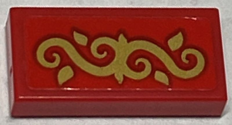 Lego Tile 1 x 2 with Gold Scrollwork on Red Background Pattern (Sticker) - Set 40499