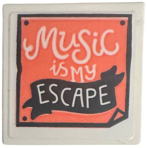 Lego Tile, Modified 2 x 2 Inverted with Coral Poster with 'Music is My ESCAPE' Pattern (Sticker) - Set 76781