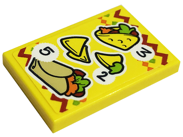 Lego Tile 2 x 3 with Menu, Number 2, 3, and 5, Taco, Corn Chips, and Burrito Pattern (Sticker) - Set 41701