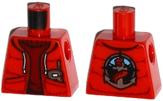 Lego Torso Jacket with Pockets and Radio over Dark Red Sweater, Deep Sea Logo with Anchor and Tentacle on Back Pattern / Red