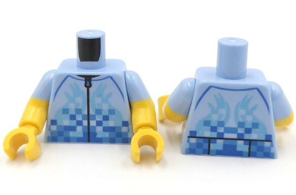 Lego Torso Cycling Jersey with Zipper, Medium Azure Flames, Blue and Dark Azure Checkered Pattern (BAM) / Yellow Arms with Molded Bright Light Blue Short Sleeves Pattern / Yellow Hands