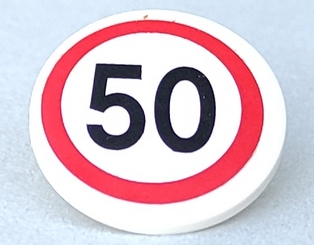 Lego Road Sign 2 x 2 Round with Clip with Black '50' in Red Circle Pattern (Sticker) - Set 8401