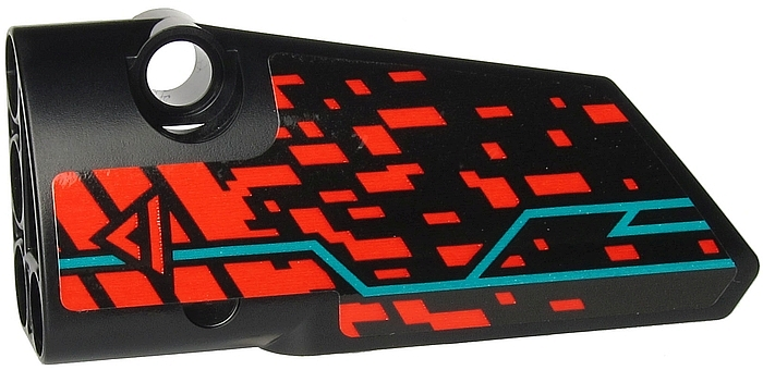 Lego Technic, Panel Fairing # 3 Small Smooth Long, Side A with Red 'V' and Stripe, Red Spots and Dark Turquoise Lines Pattern (Sticker) - Set 71713 / Black