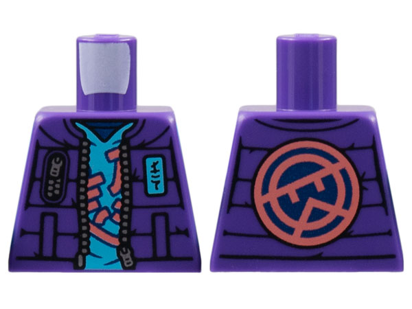 Lego Torso Jacket with Medium Azure Name Badge Ninjago Logogram 'LN', Coral Stylized Wu on Back Pattern / Dark Purple
