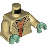 Lego Torso Robe, Open, Medium Nougat Shirt with Dark Orange Waist Sash / Hood on Back Print (Yoda), Tan Arms, Sand Green Hands / Tan