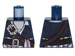 Lego Torso PotC Brocade Vest with White Open Shirt over Tan Chest with Belts and Red and White Sash Pattern / Dark Blue
