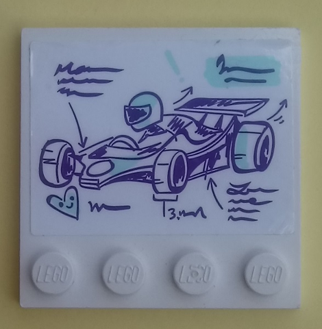 Lego Tile, Modified 4 x 4 with Studs on Edge with Dark Purple and Light Aqua Go-Kart, Driver, Writing Scribble and Heart Pattern (Sticker) - Set 41351