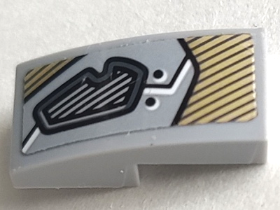 Lego Slope, Curved 2 x 1 x 2/3 with Dark Bluish Gray Eye Cover and Gold Decorative Pattern Model Left Side (Sticker) - Set 76099 / Light Bluish Gray