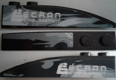 Lego Slope, Curved 6 x 1 with 2 Studs with Black and Gray Swirls on Sides and Top and 'E2 ÉCRAN ETABLISSEMENT' on Sides Pattern (Stickers) - Set 8161