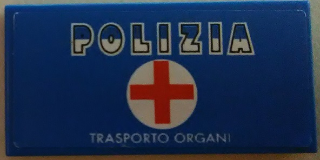 Lego Tile 2 x 4 with 'POLIZIA,' Red Cross and 'TRASPORTO ORGANI' Pattern (Sticker) - Set 8214 / Blue
