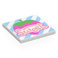Lego Tile 4 x 4 with Warm Pink 'SWEET', Strawberry, Bright Light Blue Stripes Print / White