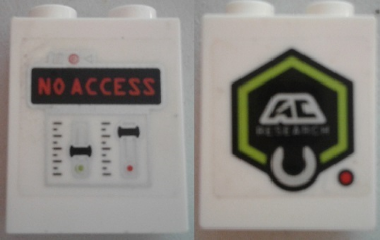 Lego Brick 1 x 2 x 2 with Inside Stud Holder with 'NO ACCESS' and Control Panel and 'AC RESEARCH' on Transparent Background Pattern (Stickers) - Set 70163 / White