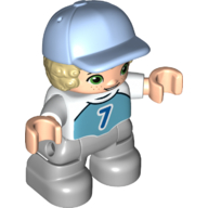 Lego Duplo Figure Child with Hair and Cap Bright Light Blue, Light Bluish Gray Legs, Shirt with '7' Print