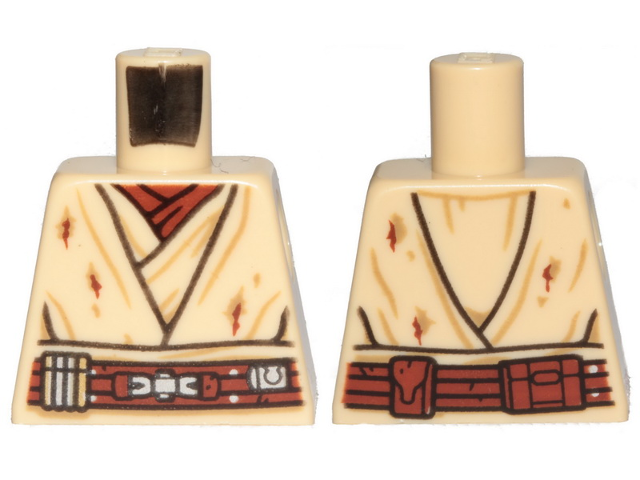 Lego Torso SW Layered Shirt, Reddish Brown Undershirt, Reddish Brown Belt with Buckle, Tattered and Dirt Stains Pattern / Tan