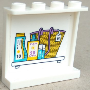 Lego Panel 1 x 4 x 3 with Side Supports - Hollow Studs with Basket and Supplies on Shelf Pattern on Inside (Sticker) - Set 41315 / White