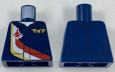 Lego Torso Jet Pilot Airplane over Red, White and Gold Stripe Pattern / Dark Blue