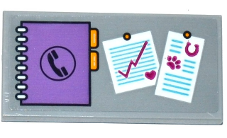Lego Tile 2 x 4 with Spiral Bound Phone Book and Pinned Documents Pattern (Sticker) - Set 41125 / Light Bluish Gray