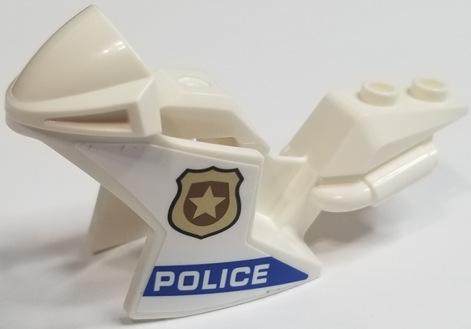 Lego Motorcycle Fairing, Racing (Sport) Bike with Gold Badge and 'POLICE' on Blue Stripe Pattern on Both Sides (Stickers) - Sets 60208 / 60210 / 60233 / White