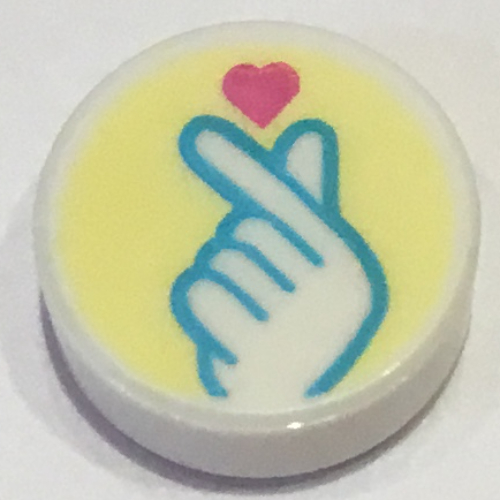 Lego Tile Round 1 x 1 with Medium Azure Hand, Finger Snap, Heart on Bright Light Yellow Background Print