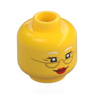 Lego Minifig Head Mrs Claus, White Eyebrows, Gold Glasses, Red Lips / Yellow