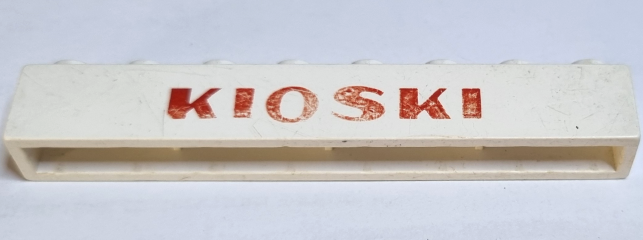 Lego Brick 1 x 8 without Bottom Tubes with Cross Side Supports with Red 'KIOSKI' Sans-Serif Bold Pattern / White
