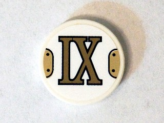Lego Tile, Round 2 x 2 with Bottom Stud Holder with Gold Roman Numeral 9 'IX' Pattern (Sticker) - Set 75904 / White