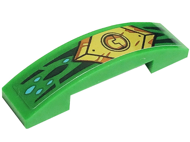 Lego Slope, Curved 4 x 1 x 2/3 Double with Dark Green Skin, Medium Azure Scales and Gold Armor Plates Pattern (Sticker) - Set 71766 / Green