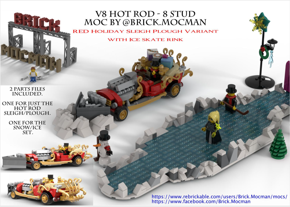 Lego V8 HotRod 8 Stud - Happy Holidays Red HotRod Sleigh/Plough Convertible