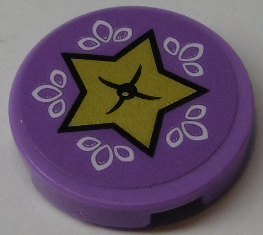 Lego Tile, Round 2 x 2 with Bottom Stud Holder with Gold Star Cushion and White Ovals Pattern (Sticker) - Set 41174