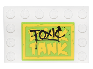 Lego Tile, Modified 4 x 6 with Studs on Edges with Black 'TOXIC' Graffiti over Yellow 'DUNK TANK' Pattern (Sticker) - Set 76035 / White