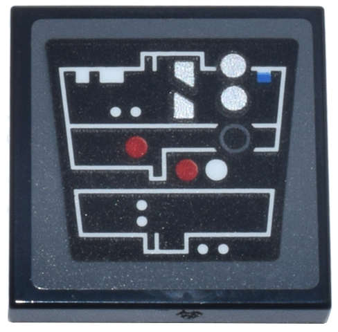 Lego Tile 2 x 2 with Control Panel, White Angled Lines, Silver and Red Lights and Buttons, 1 Blue Square, Dark Bluish Gray Circle Pattern (Sticker) - Set 75419 / Black