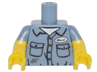 Lego Torso Shirt with Dirt Stains, Pockets, Buttons and Name Tag Pattern / Yellow Arms with Molded Sand Blue Short Sleeves Pattern / Yellow Hands
