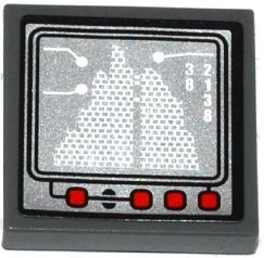 Lego Tile 2 x 2 with White '38 2138' and Red Buttons on Silver Computer Screen Pattern (Sticker) - Set 70725 / Dark Bluish Gray