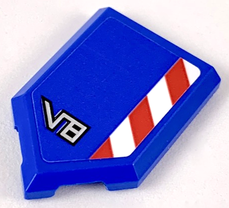 Lego Tile, Modified 2 x 3 Pentagonal with Red and White Caution Stripe and Silver 'V8' Pattern (Sticker) - Set 60223 / Blue