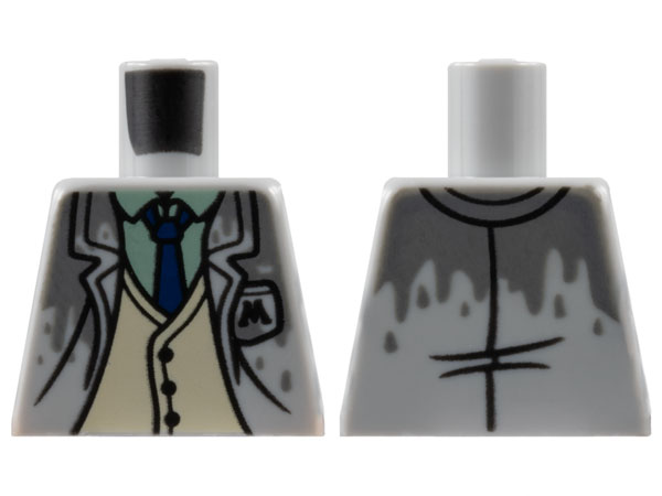 Lego Torso Jacket with Dark Bluish Gray Wetness, Letter M on Pocket, Tan Vest, Sand Green Shirt, and Dark Blue Tie Pattern / Light Bluish Gray