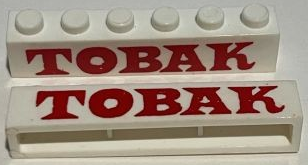 Lego Brick 1 x 6 without Bottom Tubes with Cross Side Supports with Red 'TOBAK' Serif Bold Pattern