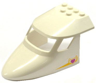 Lego Aircraft Fuselage Forward Top Curved 6 x 10 x 4 with 3 Window Panes with Yellow Stripe and Winged Heart Pattern on Both Sides (Stickers) - Set 41100 / White