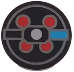 Lego Tile, Round 2 x 2 with Bottom Stud Holder with Dark Azure Rectangle, Red Circles and Silver Lines Pattern (BrickHeadz Peter Venkman Proton Pack) / Black