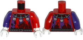 Lego Torso Nexo Knights Tattered Shirt, Dark Bluish Gray Belt, Jester's Collar with Skulls Pattern / Red Arm Left / Dark Purple Arm Right / White Hands
