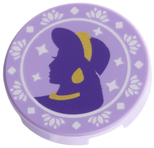 Lego Tile, Round 2 x 2 with Bottom Stud Holder with Dark Purple and Gold Jasmine Silhouette, White Flowers, Stars, and Diamonds Pattern / Lavender