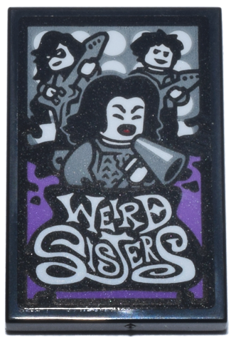 Lego Tile 2 x 3 with Poster with Band, Silver Music Instruments and White Circles and 'WEIRD SISTERS' on Medium Lavender Background Pattern (Sticker) - Set 76437 / Black