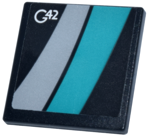 Lego Road Sign 2 x 2 Square with Open O Clip with White 'G42' Logo and Dark Turquoise and Light Bluish Gray Wide Lines Pattern Model Left Side (Sticker) - Set 77244