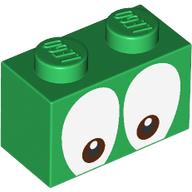Lego Brick 1 x 2 with Brown Eyes Print / Green
