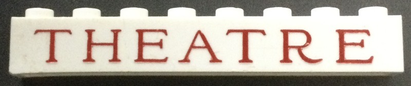 Lego Brick 1 x 8 without Bottom Tubes with Cross Side Supports with Red 'THEATRE' Serif Thin Pattern