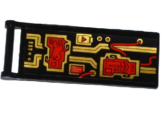 Lego Flag 7 x 3 with Bar Handle with Red Wires and Gold Circuitry Pattern (Sticker) - Set 70738 / Black