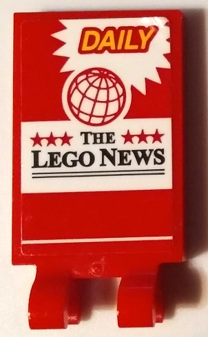 Lego Tile, Modified 2 x 3 with 2 Open O Clips with 'DAILY', Globe, Stars and 'THE LEGO NEWS' Pattern (Sticker) - Set 60132 / Red