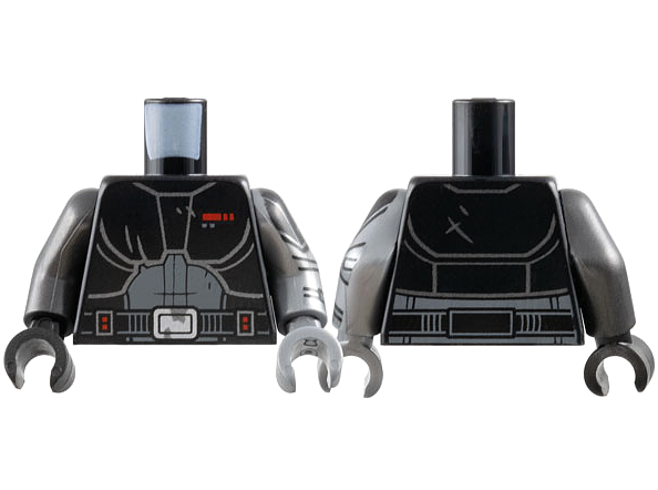 Lego Torso SW Armor, Dark Bluish Gray Suit, Red Rectangle, Belt with Silver Buckle Pattern / Flat Silver Arm Left with Armor and Cuff Pattern / Pearl Dark Gray Arm Right / Flat Silver Hand Left / Black Hand Right