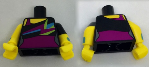 Lego Torso Bare Shoulder Top with Spiky Colors over Magenta Leotard Pattern / Yellow Arms with Wristbands and Black Left Short Sleeve / Yellow Hands